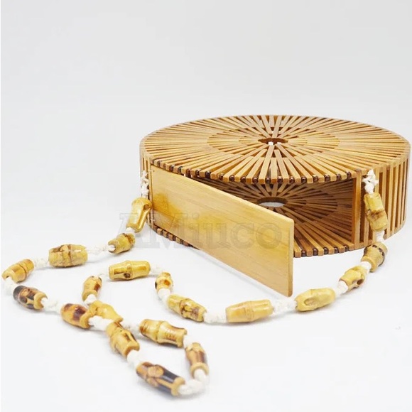 Womens Round Bamboo Bag Large Tote Lady Bag Shoulder Bag Handmade Basket Handbag - Picture 4 of 9